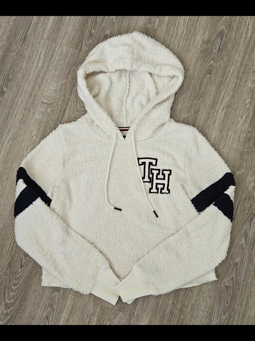 Tommy Hilfiger Cream Sherpa Hoodie Crop Top with Navy Accents